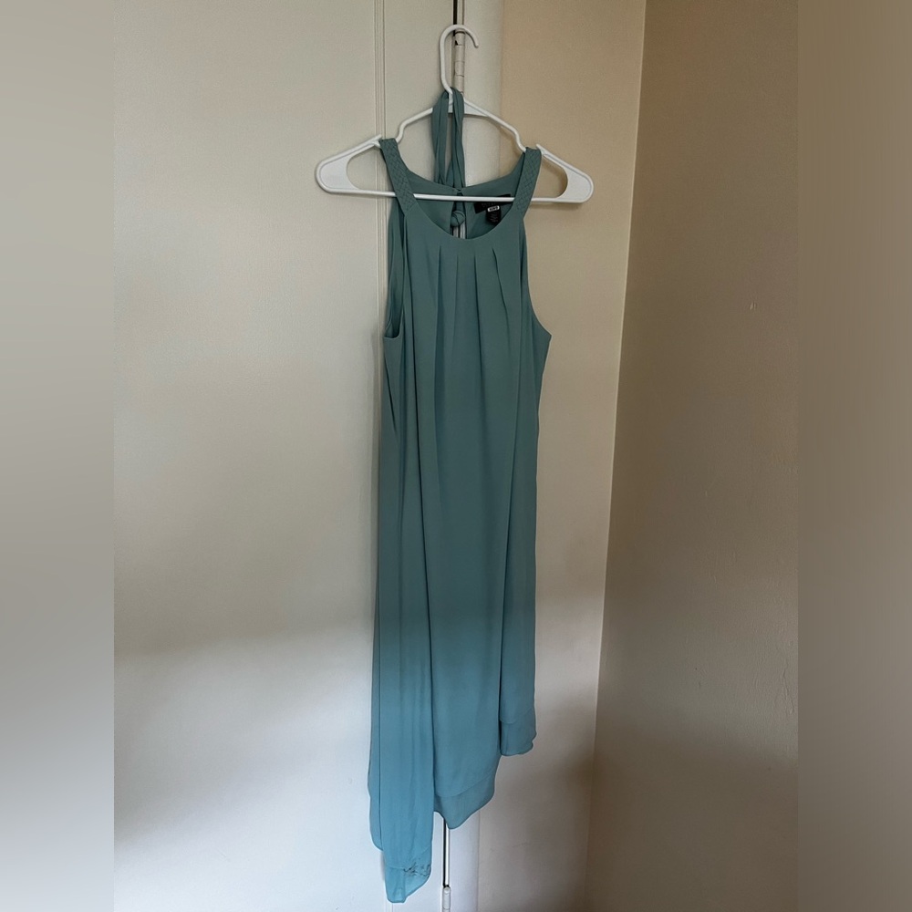 White House Black Market Asymmetrical Light Blue dress w braided shoulder straps